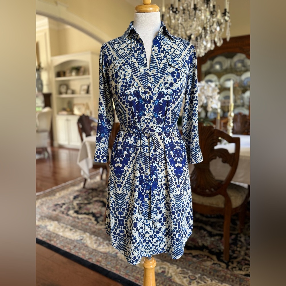 CAbi Blue and White Patterned Dress